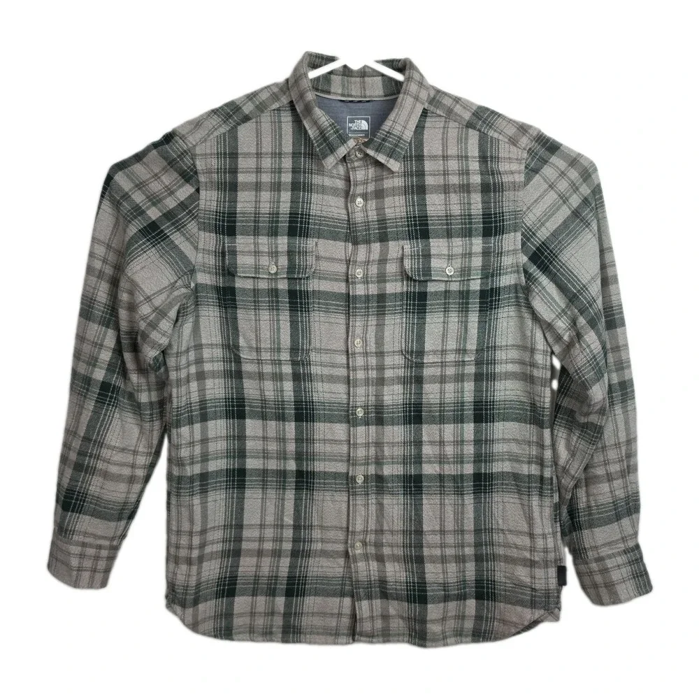 The North Face Button-Up Flannel Shirt Men's L Tan/Green Plaid Long Sleeves
